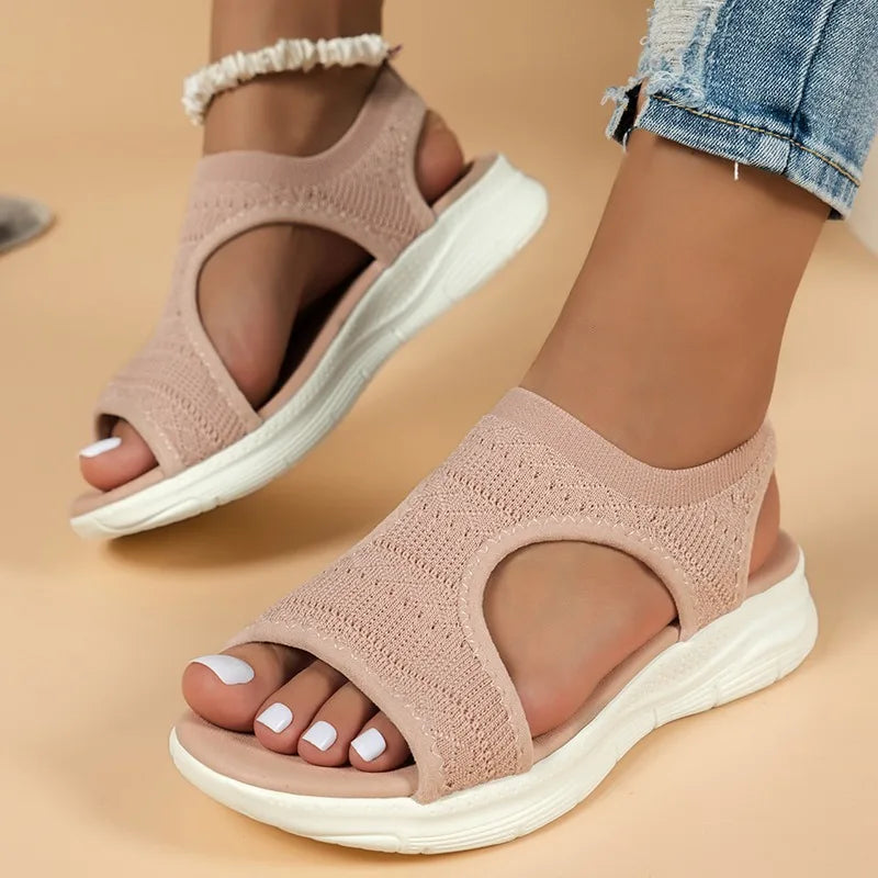 Sandales de sport décontractées et confortables pour femme – Été 2025 – Sandales compensées de plage et sandales romaines en maille tricotée