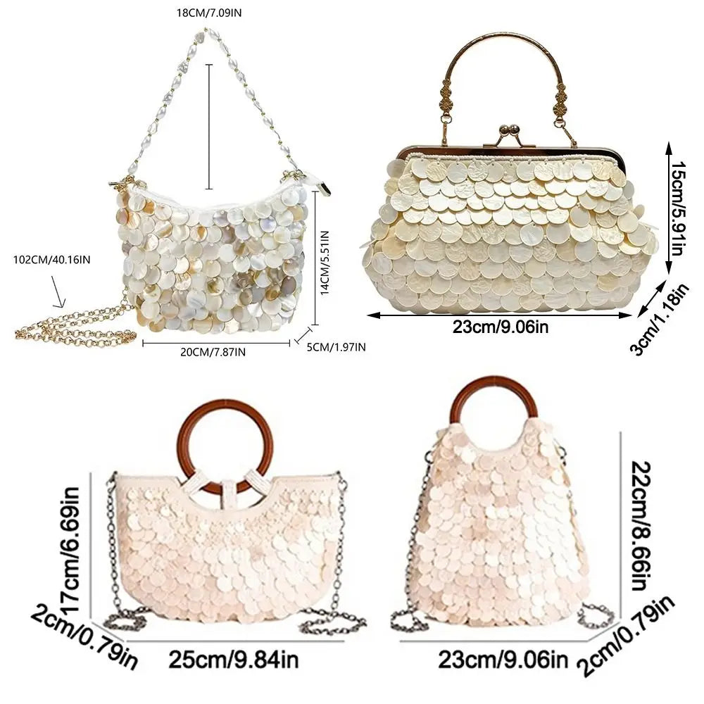 Sac à main féerique en perles fait main, grande capacité, orné de coquillages, pochette style sirène, format compact.