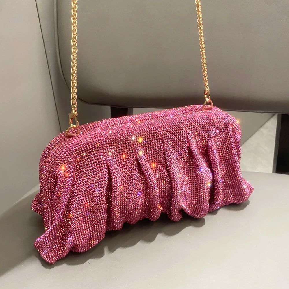 Pochette de soirée faite main ornée de strass brillants – Sac à main de luxe plissé pour mariage et soirée – Haute qualité