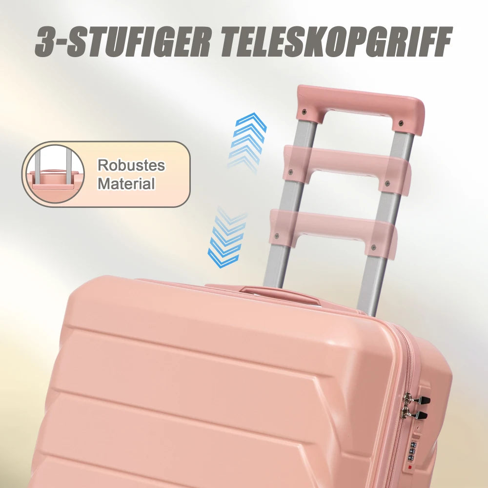 Ensemble de 4 valises rigides en ABS (tailles 14/19/24/28 pouces) avec roues multidirectionnelles à 360°, serrure à code intégrée, poignée télescopique et trousse de toilette ; modèles adaptés à la cabine et à la soute.