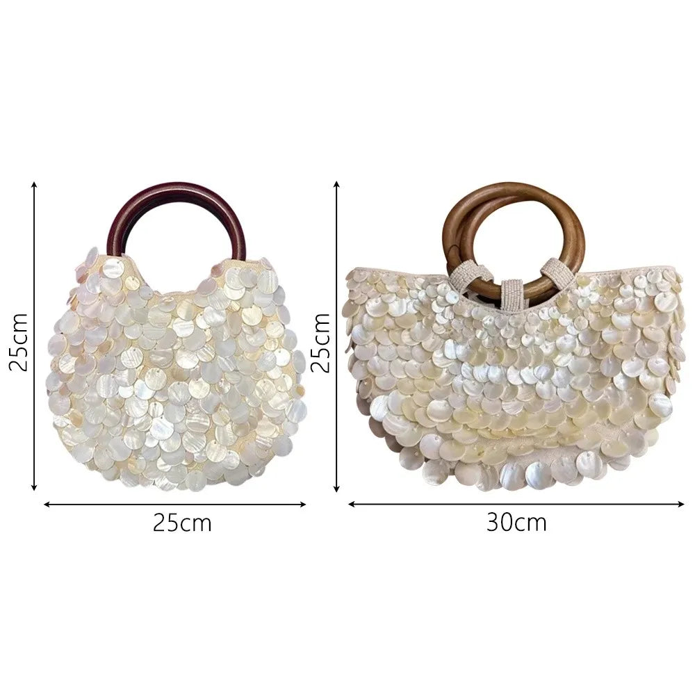 Sac à main féerique en perles fait main, grande capacité, orné de coquillages, pochette style sirène, format compact.