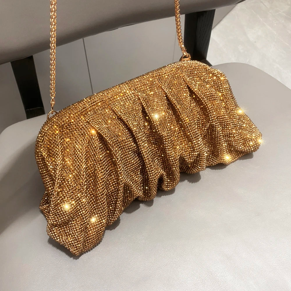 Pochette de soirée faite main ornée de strass brillants – Sac à main de luxe plissé pour mariage et soirée – Haute qualité