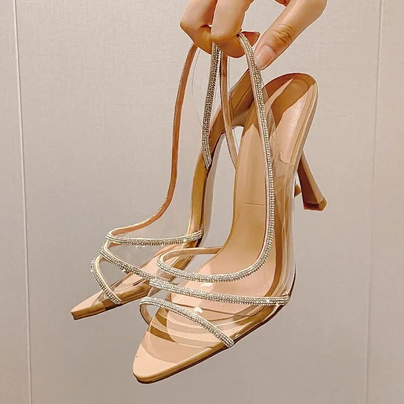 Escarpins d'été pour femme à bride arrière et strass – Sandales à talons transparents style « office lady » – Élégants talons hauts sexy à bout pointu