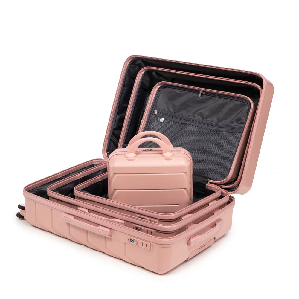 Ensemble de 4 valises rigides en ABS (tailles 14/19/24/28 pouces) avec roues multidirectionnelles à 360°, serrure à code intégrée, poignée télescopique et trousse de toilette ; modèles adaptés à la cabine et à la soute.