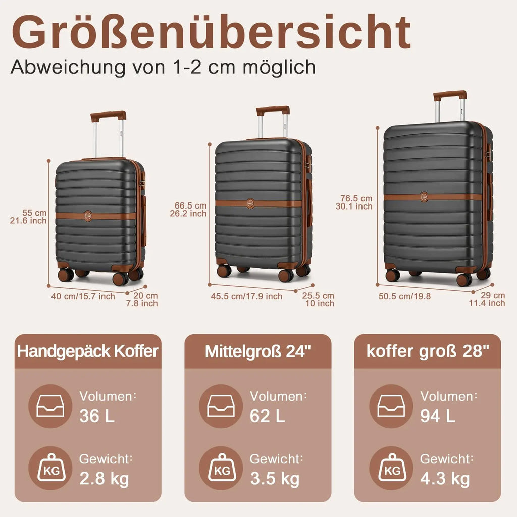 KONO Hard Shell Case (55/66/76 cm) PC suitcase Set with 360 ° Roll & Combination Lock