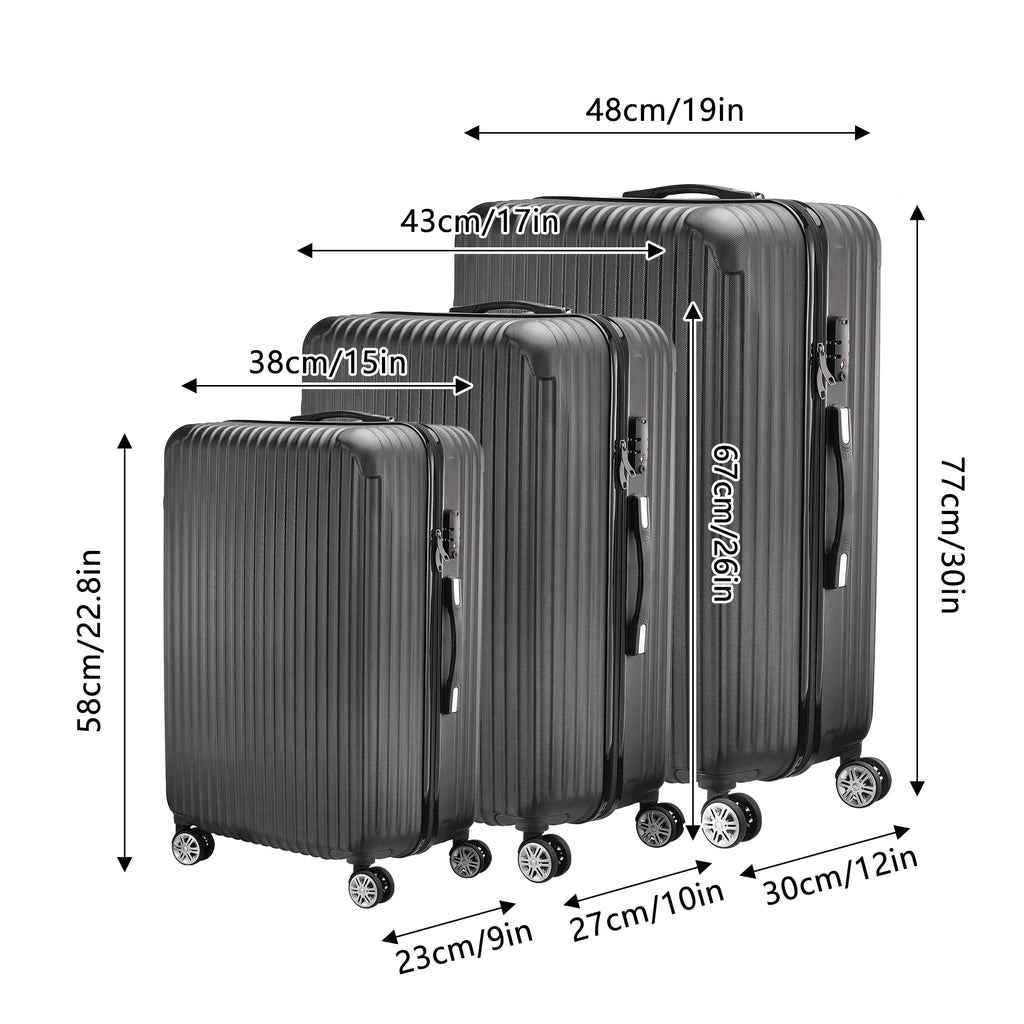 3-piece suitcase set 20-24- 28" Set ABS hard shell travel luggage set 4 wheels zipper telescopic pull rod M-L-XL set Black