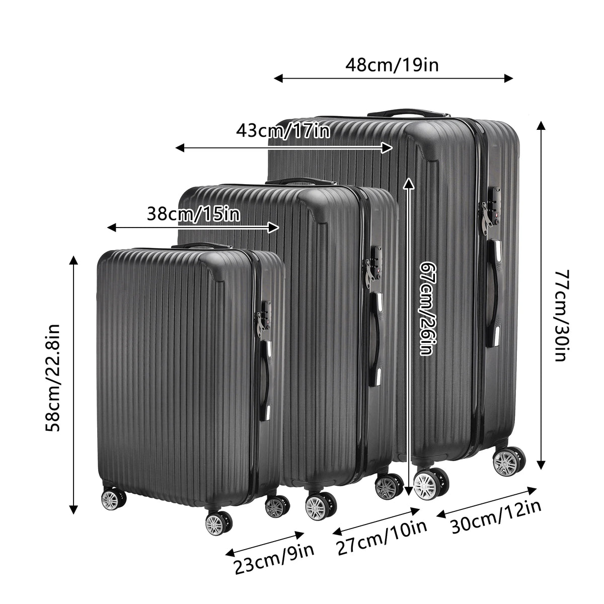3-piece suitcase set 20-24- 28" Set ABS hard shell travel luggage set 4 wheels zipper telescopic pull rod M-L-XL set Black