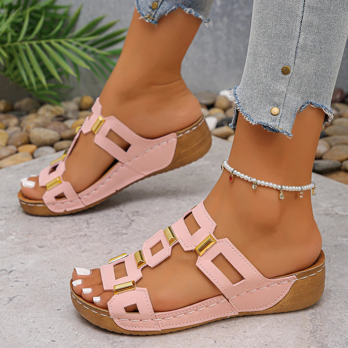 Sandales pour femme style romain (grandes tailles) – Mules de plage à bout ouvert, compensées d'été, chaussures d'extérieur confortables et faciles à enfiler