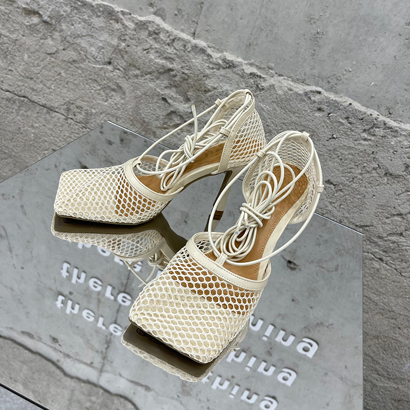 Aneikeh – Escarpins-sandales sexy en résille pour femme (été 2025) – Bout carré, talons aiguilles hauts, lacets croisés, style ajouré – Idéal pour soirées et occasions habillées