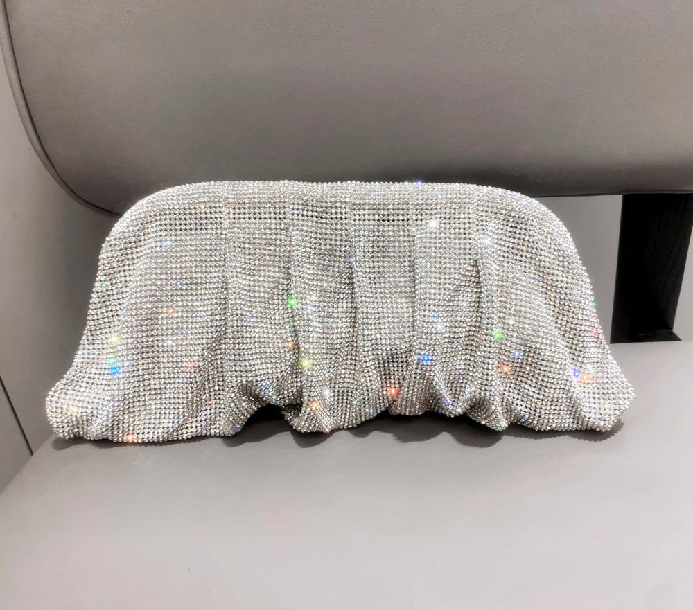 Pochette de soirée faite main ornée de strass brillants – Sac à main de luxe plissé pour mariage et soirée – Haute qualité