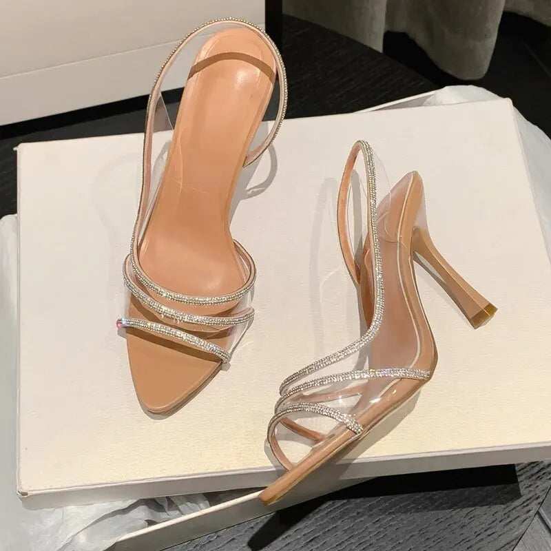 Escarpins d'été pour femme à bride arrière et strass – Sandales à talons transparents style « office lady » – Élégants talons hauts sexy à bout pointu