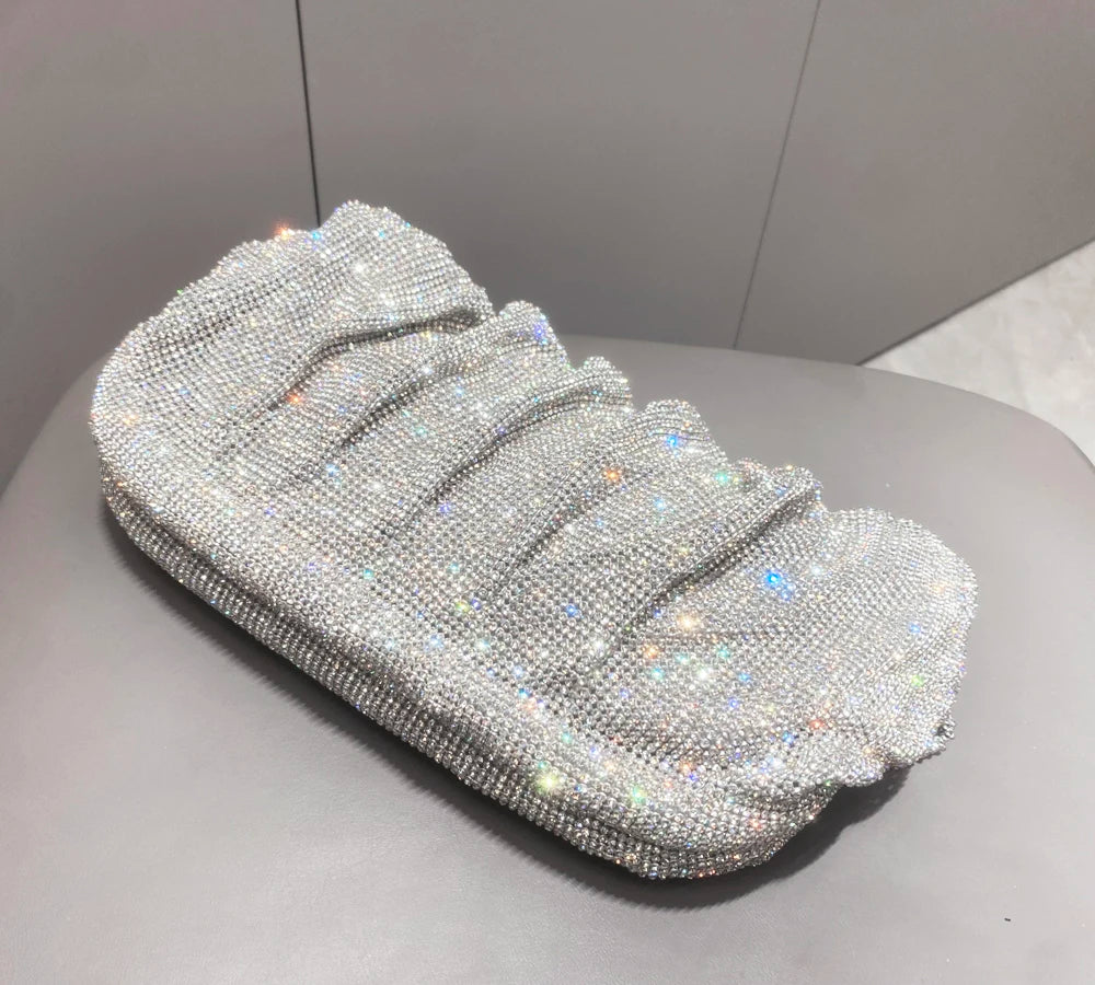 Pochette de soirée faite main ornée de strass brillants – Sac à main de luxe plissé pour mariage et soirée – Haute qualité
