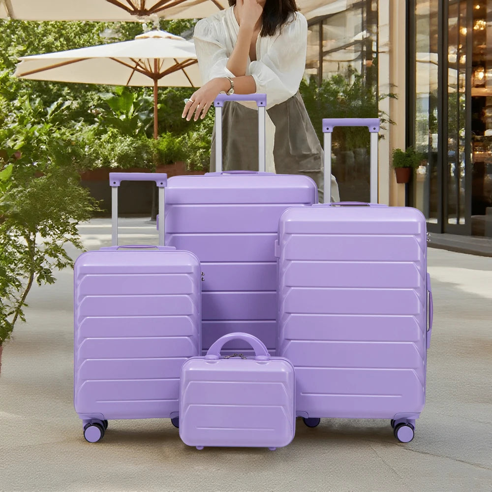 Ensemble de 4 valises rigides en ABS (tailles 14/19/24/28 pouces) avec roues multidirectionnelles à 360°, serrure à code intégrée, poignée télescopique et trousse de toilette ; modèles adaptés à la cabine et à la soute.