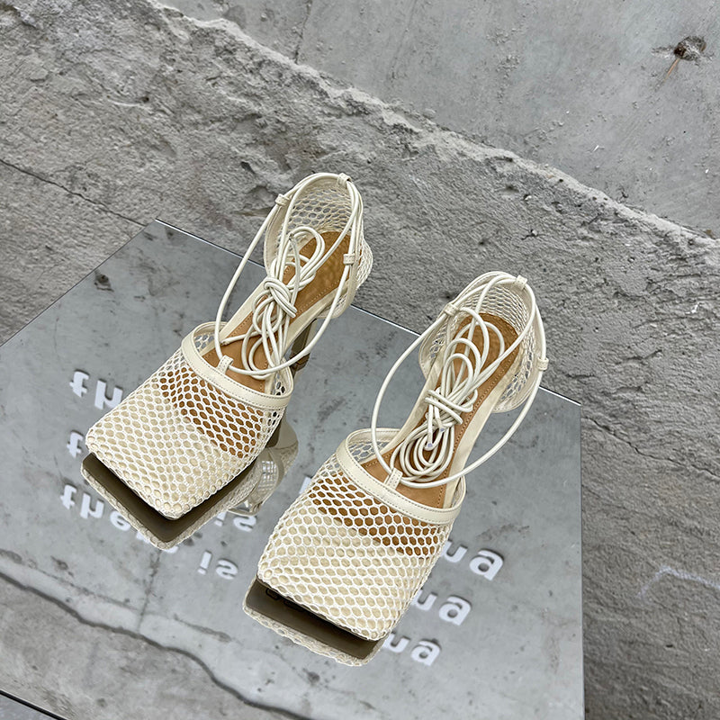 Aneikeh – Escarpins-sandales sexy en résille pour femme (été 2025) – Bout carré, talons aiguilles hauts, lacets croisés, style ajouré – Idéal pour soirées et occasions habillées