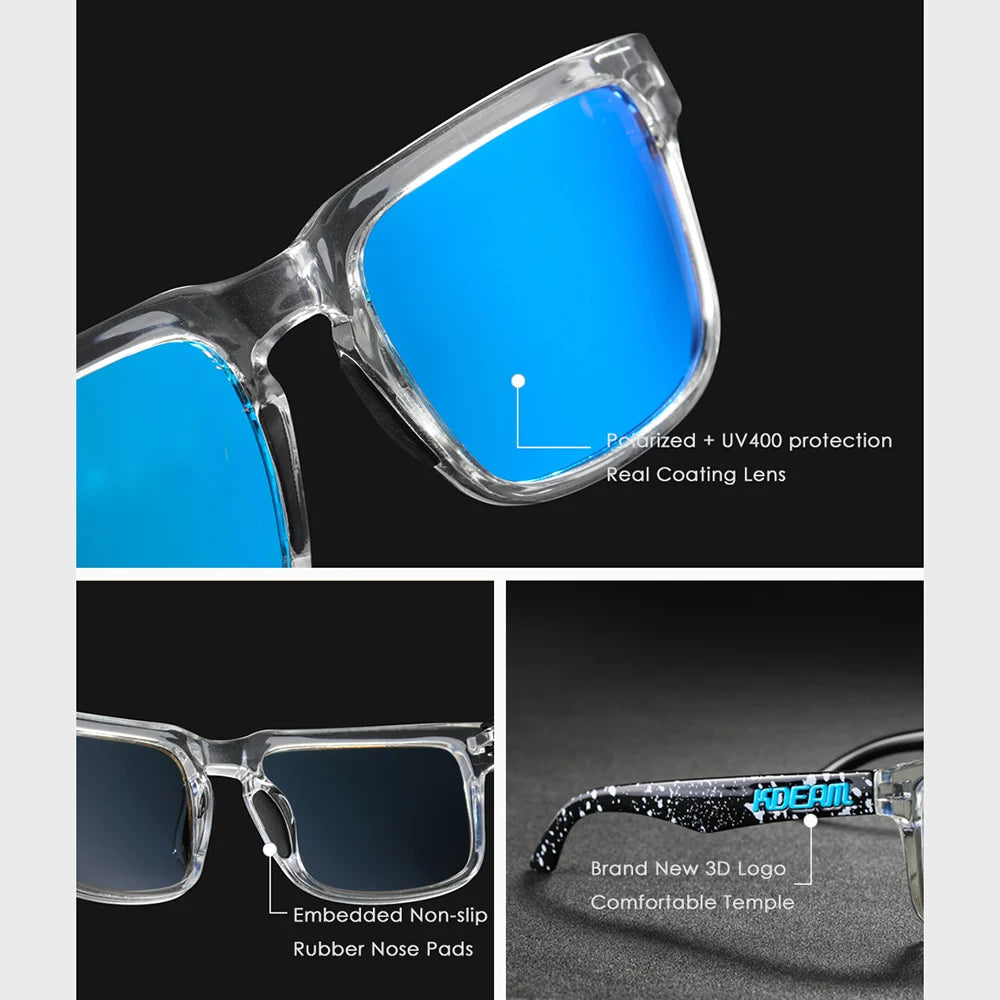 Nouvelles lunettes de soleil carrées pour hommes de la marque KDEAM – Haute qualité, style sportif, verres polarisés avec revêtement réfléchissant effet miroir.