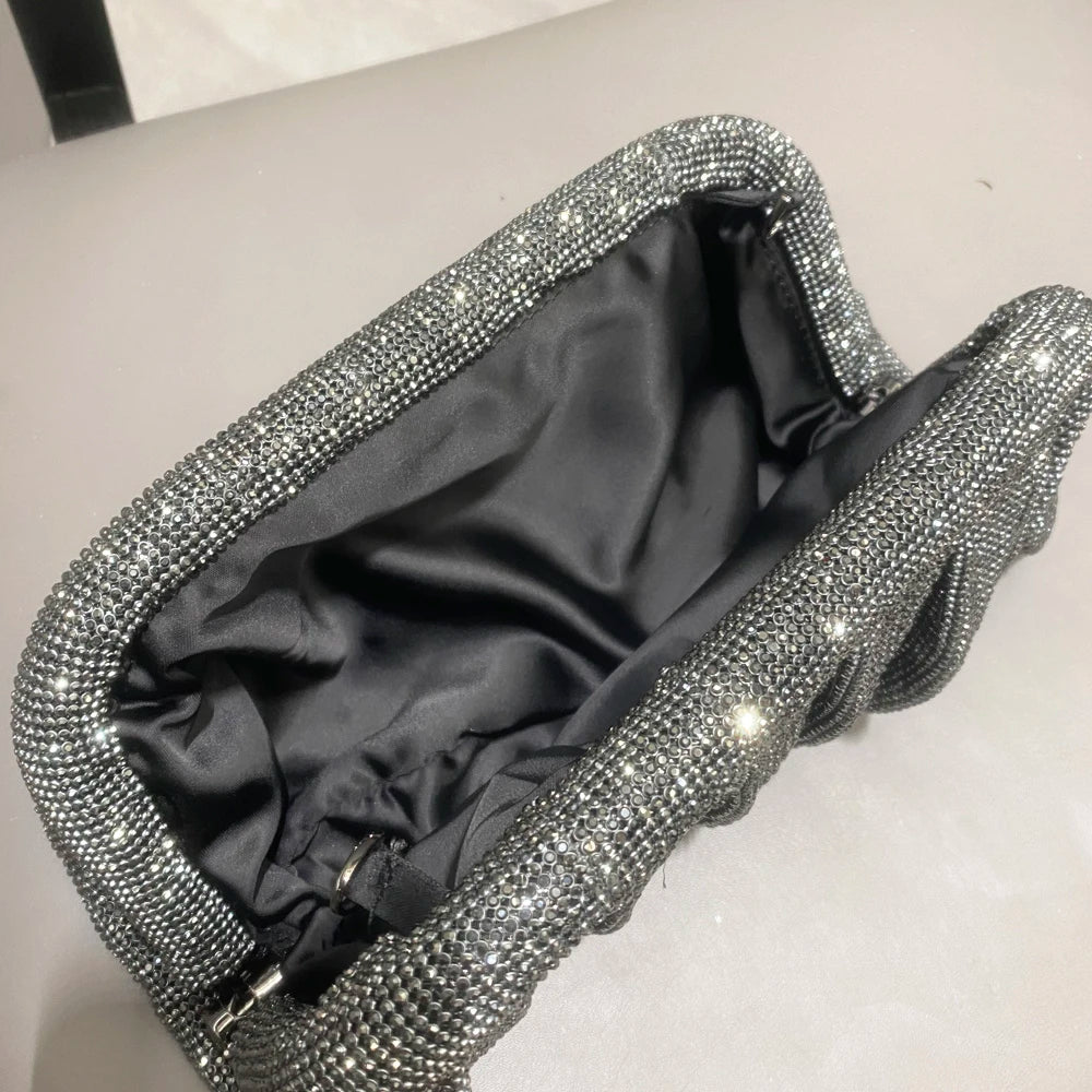 Pochette de soirée faite main ornée de strass brillants – Sac à main de luxe plissé pour mariage et soirée – Haute qualité