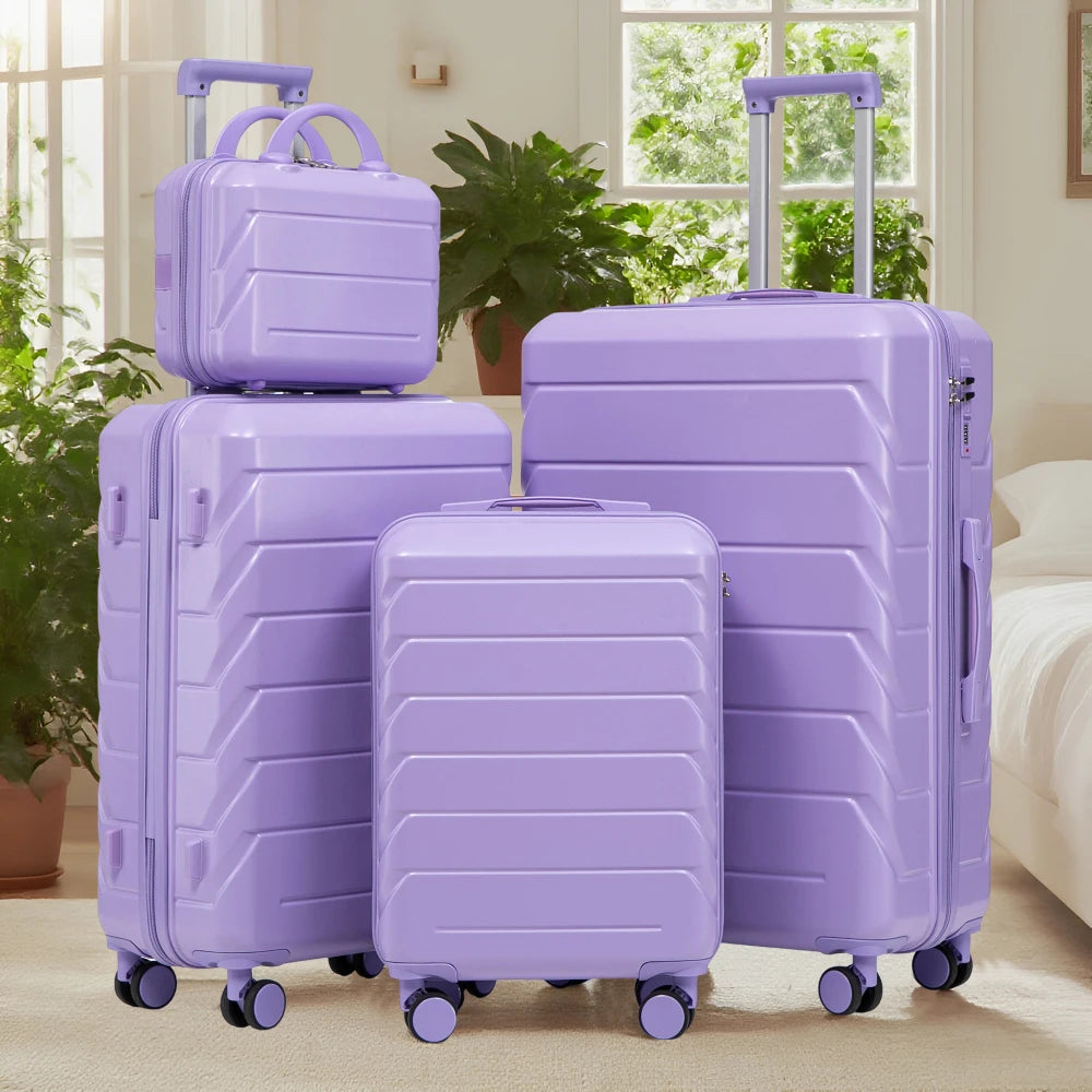 Ensemble de 4 valises rigides en ABS (tailles 14/19/24/28 pouces) avec roues multidirectionnelles à 360°, serrure à code intégrée, poignée télescopique et trousse de toilette ; modèles adaptés à la cabine et à la soute.