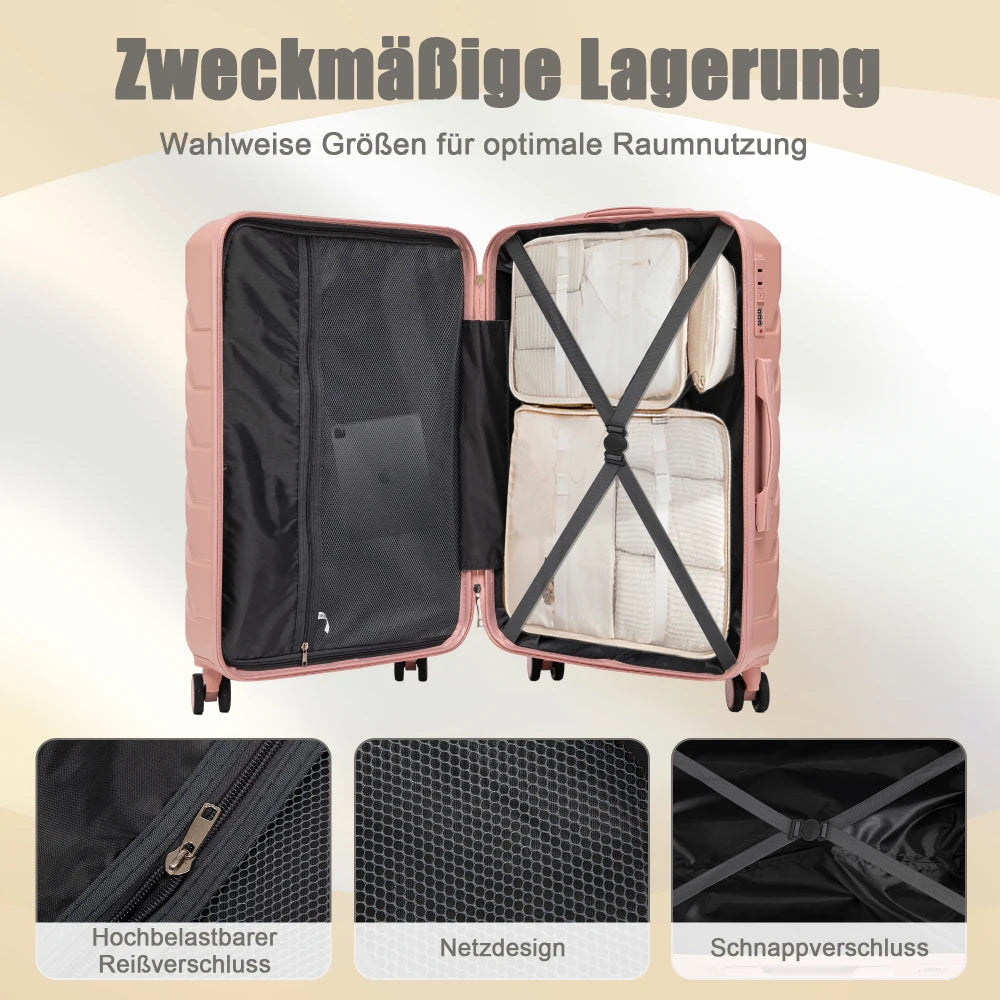 Ensemble de 4 valises rigides en ABS (tailles 14/19/24/28 pouces) avec roues multidirectionnelles à 360°, serrure à code intégrée, poignée télescopique et trousse de toilette ; modèles adaptés à la cabine et à la soute.