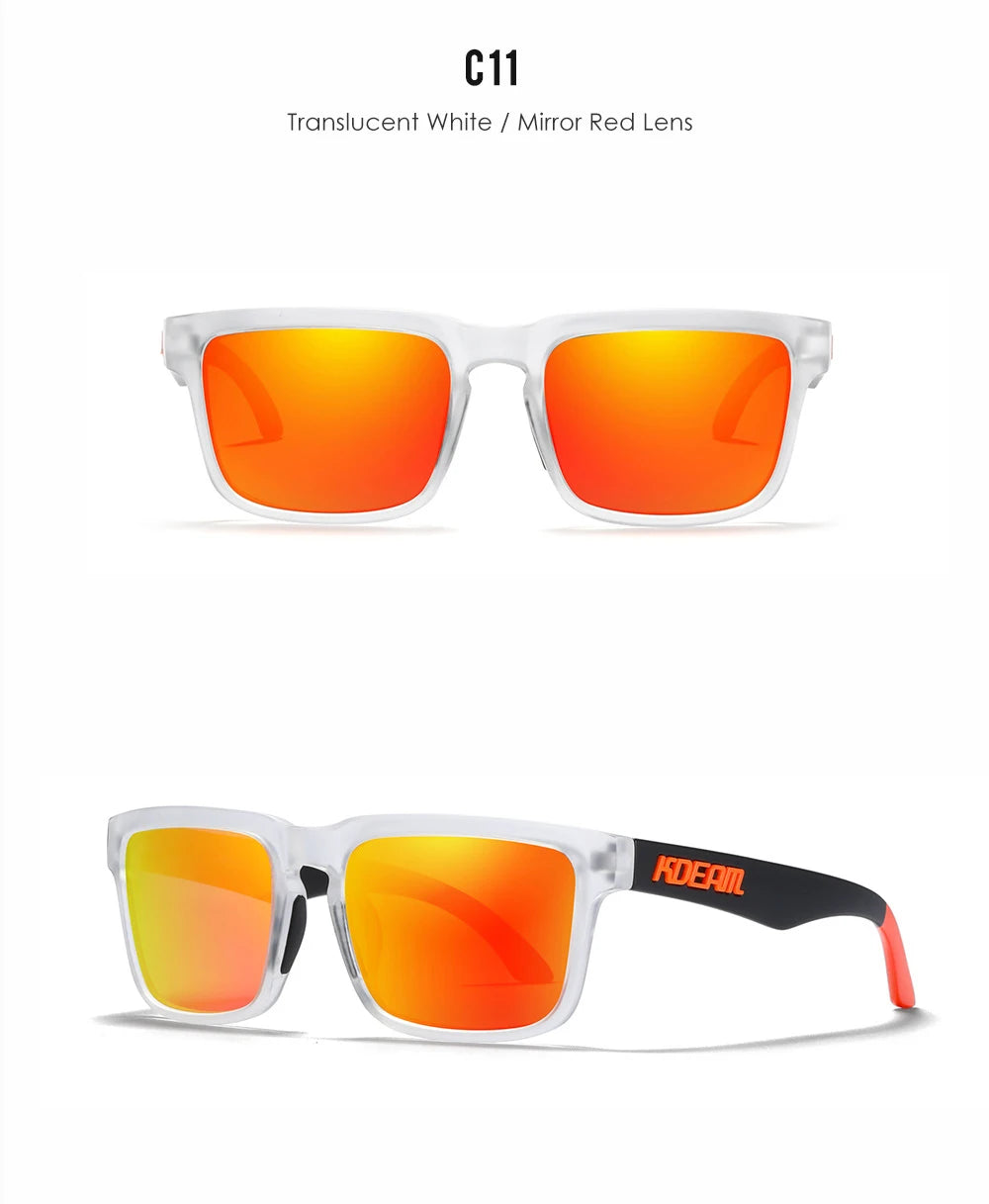 Nouvelles lunettes de soleil carrées pour hommes de la marque KDEAM – Haute qualité, style sportif, verres polarisés avec revêtement réfléchissant effet miroir.