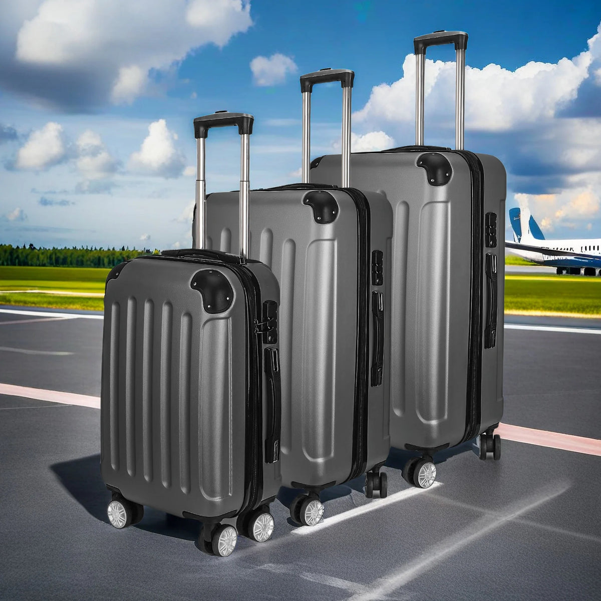 3-piece suitcase set 20-24- 28" Set ABS hard shell travel luggage set 4 wheels zipper telescopic pull rod M-L-XL set Black