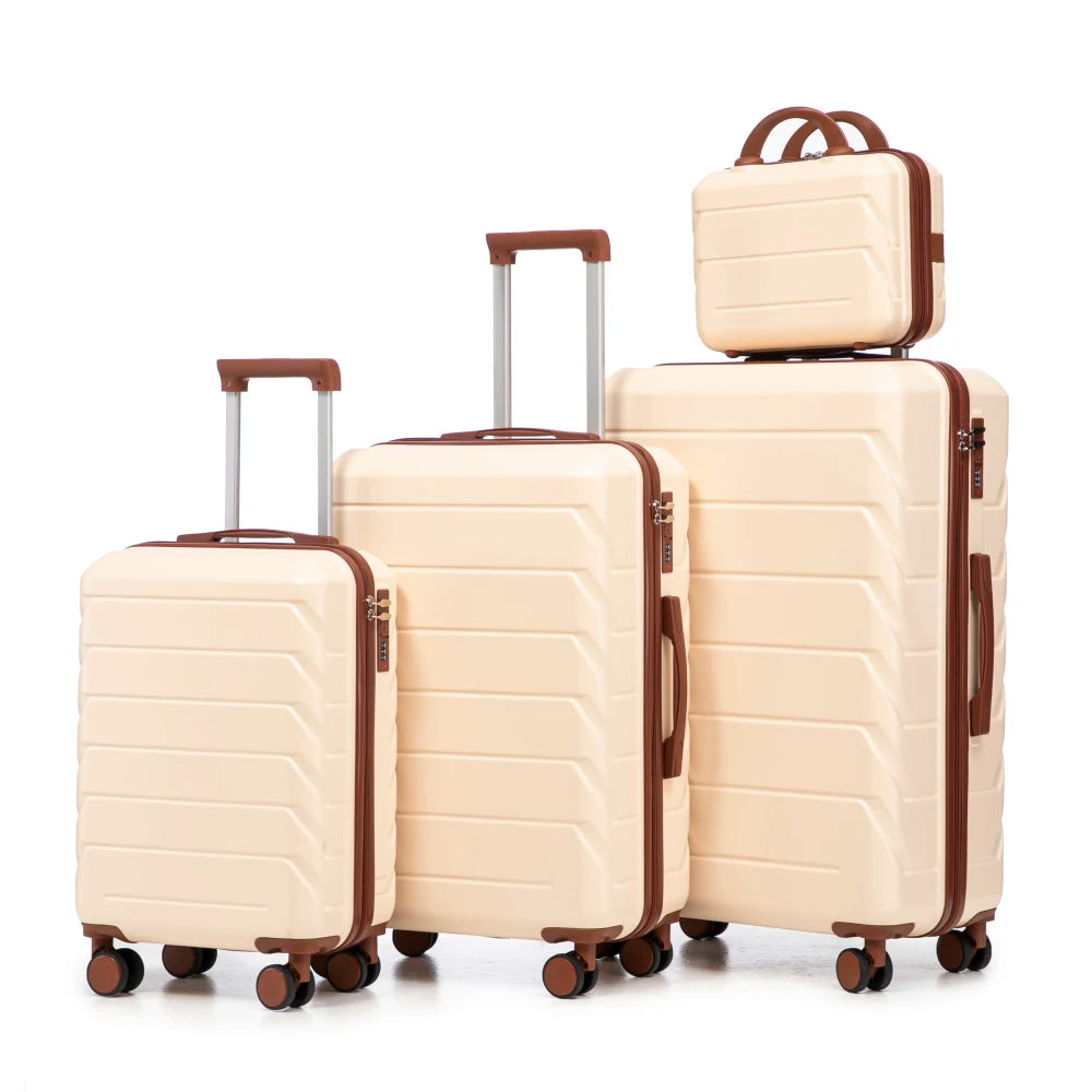 Ensemble de 4 valises rigides en ABS (tailles 14/19/24/28 pouces) avec roues multidirectionnelles à 360°, serrure à code intégrée, poignée télescopique et trousse de toilette ; modèles adaptés à la cabine et à la soute.