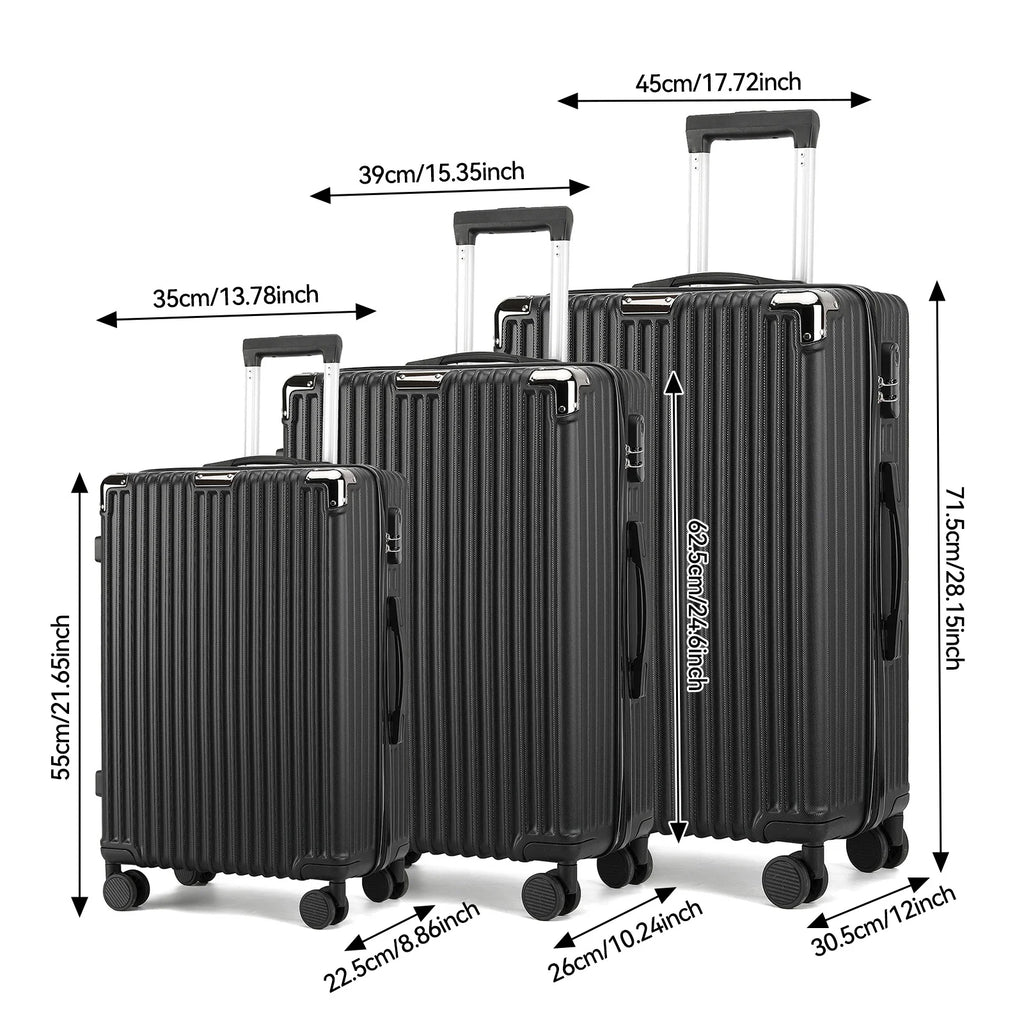 3-piece suitcase set 20-24- 28" Set ABS hard shell travel luggage set 4 wheels zipper telescopic pull rod M-L-XL set Black