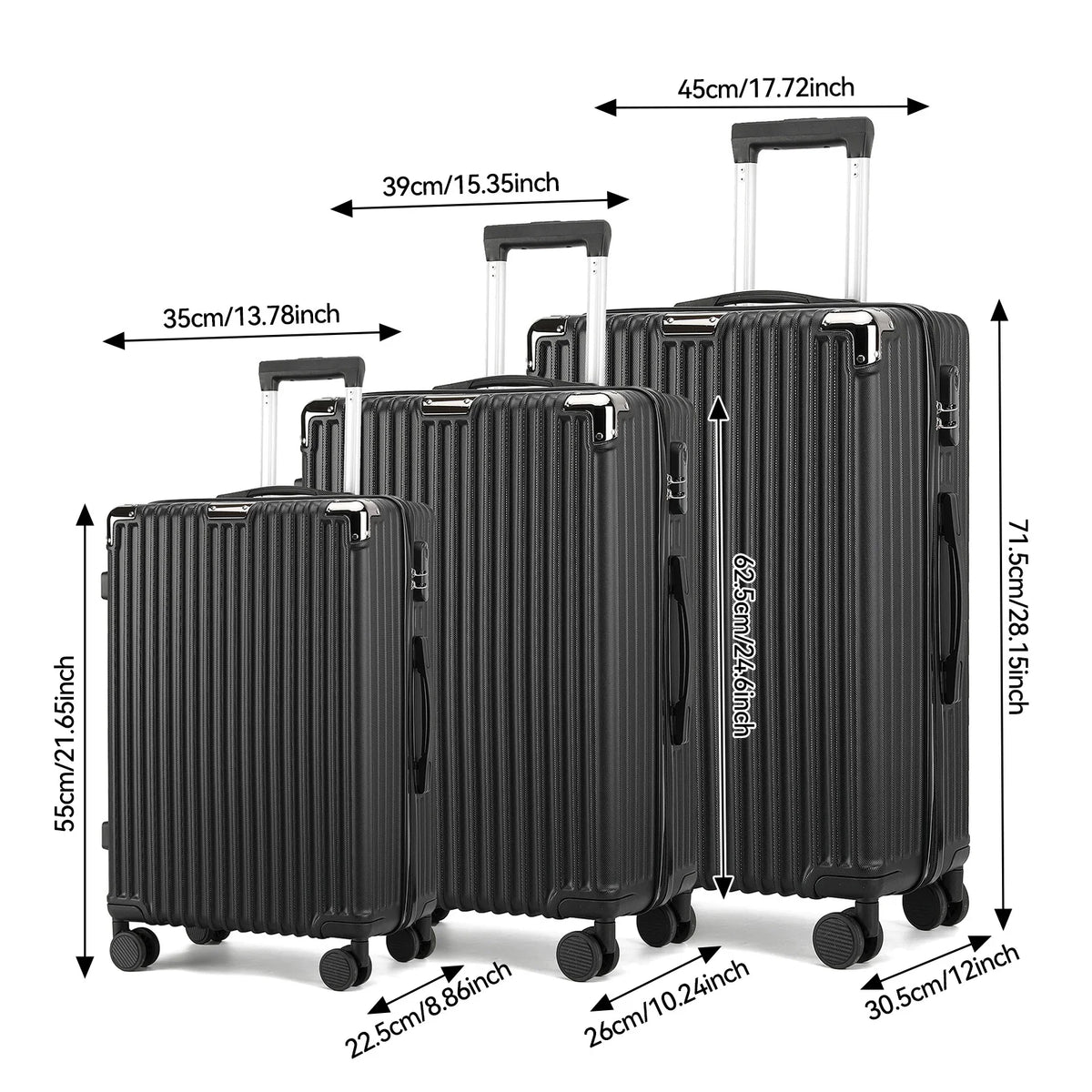3-piece suitcase set 20-24- 28" Set ABS hard shell travel luggage set 4 wheels zipper telescopic pull rod M-L-XL set Black