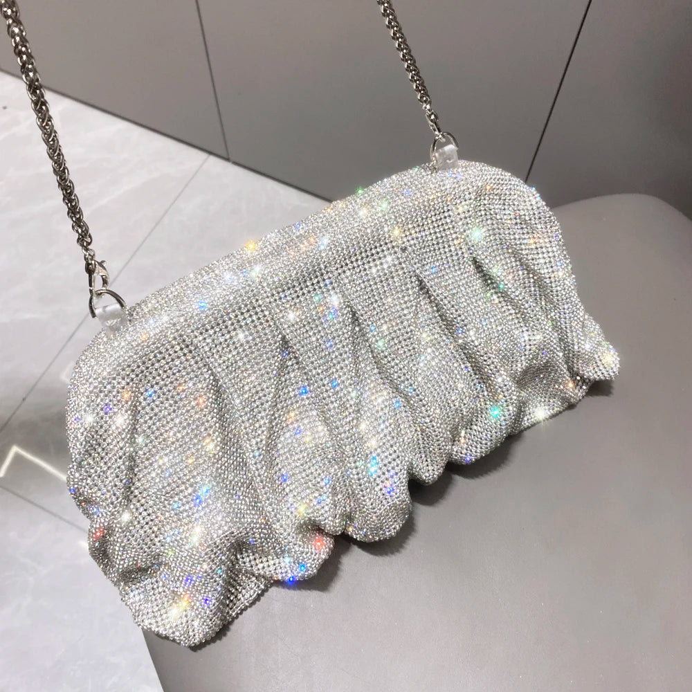 Pochette de soirée faite main ornée de strass brillants – Sac à main de luxe plissé pour mariage et soirée – Haute qualité