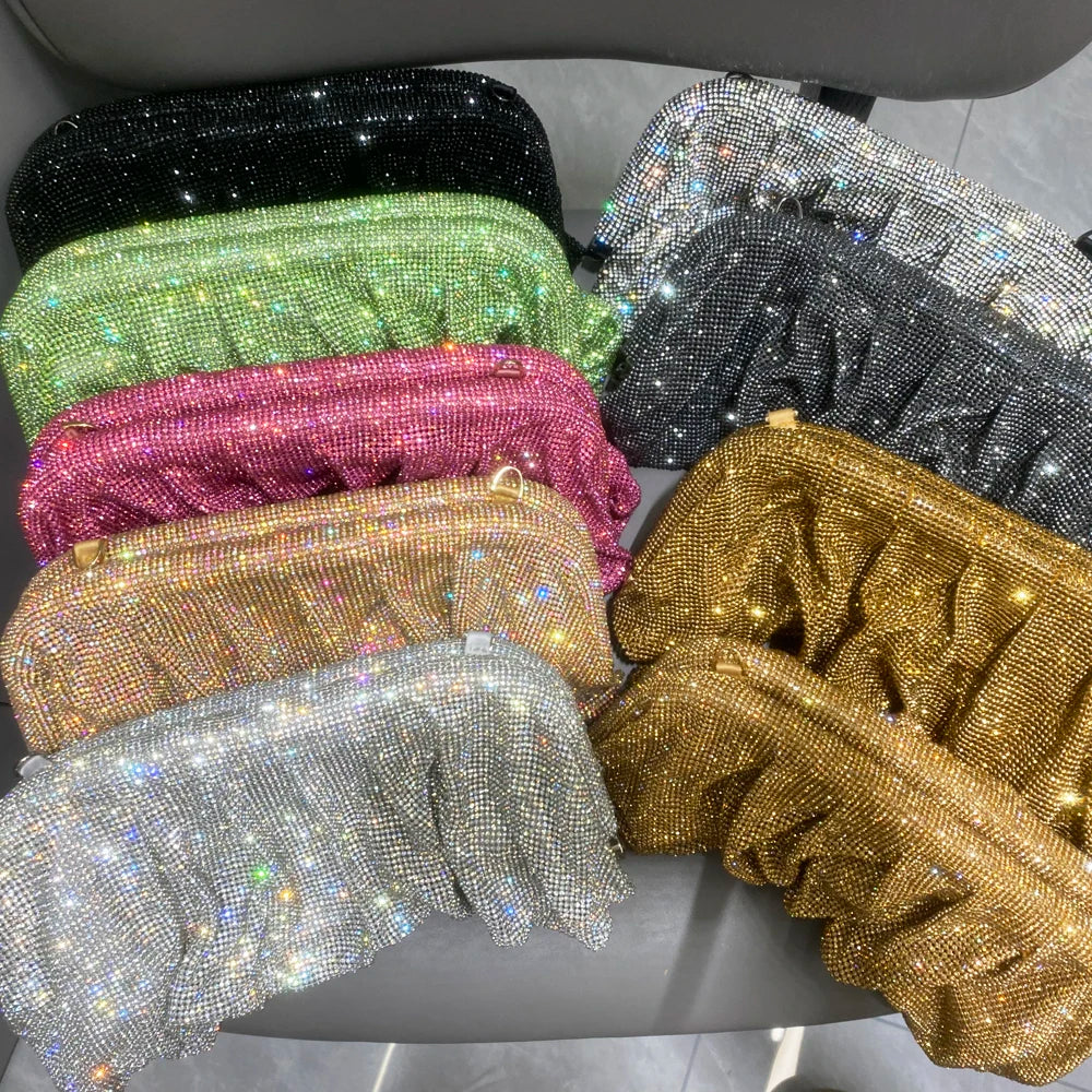 Pochette de soirée faite main ornée de strass brillants – Sac à main de luxe plissé pour mariage et soirée – Haute qualité