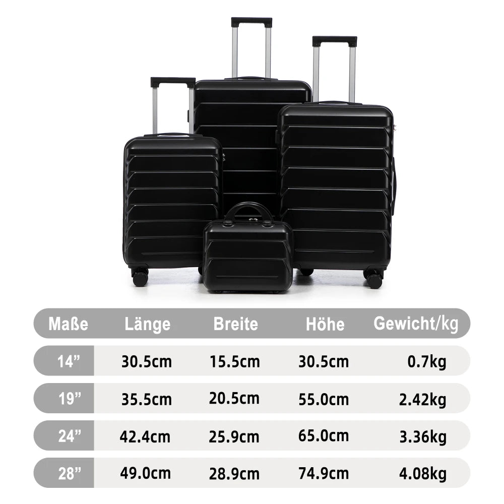 Ensemble de 4 valises rigides en ABS (tailles 14/19/24/28 pouces) avec roues multidirectionnelles à 360°, serrure à code intégrée, poignée télescopique et trousse de toilette ; modèles adaptés à la cabine et à la soute.