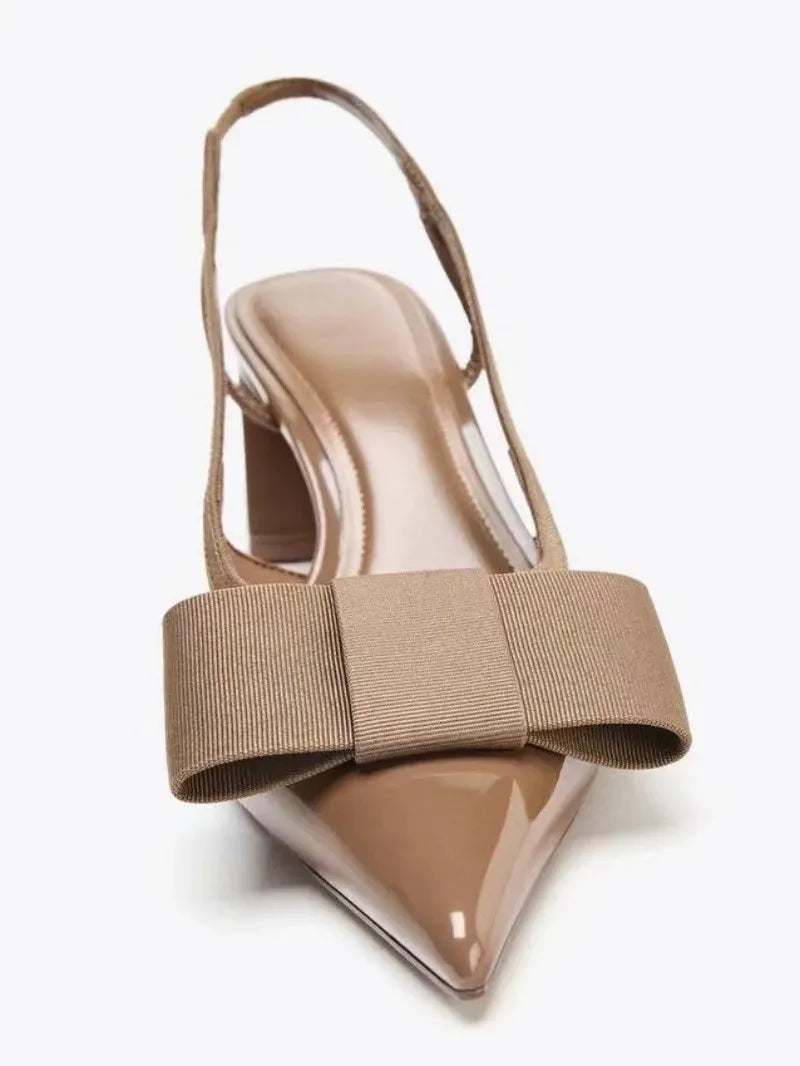 Escarpins sexy en cuir verni bordeaux à bout pointu pour femme – Chaussures de créateur élégantes et confortables avec bride arrière et nœud, idéales pour les soirées et banquets.