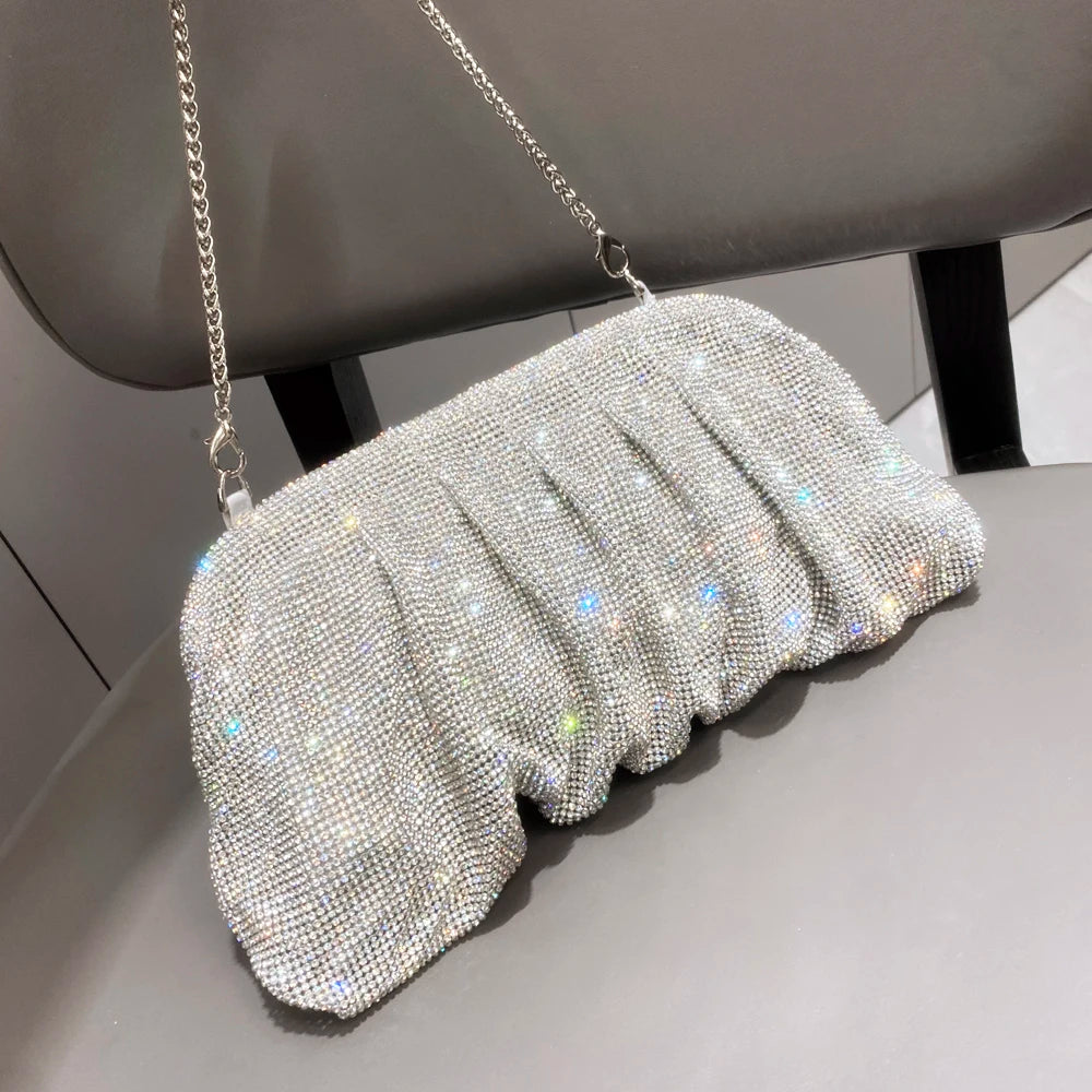 Pochette de soirée faite main ornée de strass brillants – Sac à main de luxe plissé pour mariage et soirée – Haute qualité