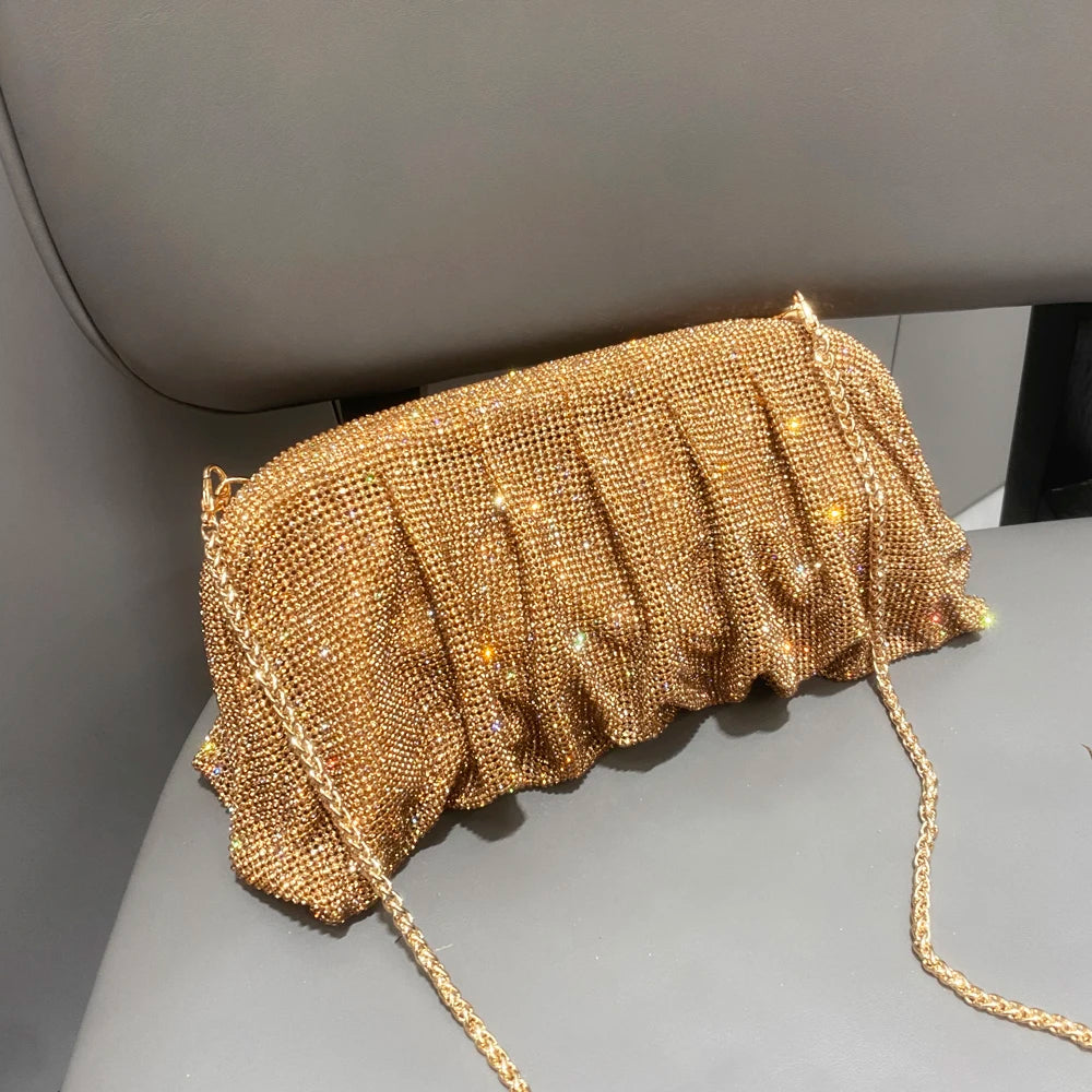 Pochette de soirée faite main ornée de strass brillants – Sac à main de luxe plissé pour mariage et soirée – Haute qualité