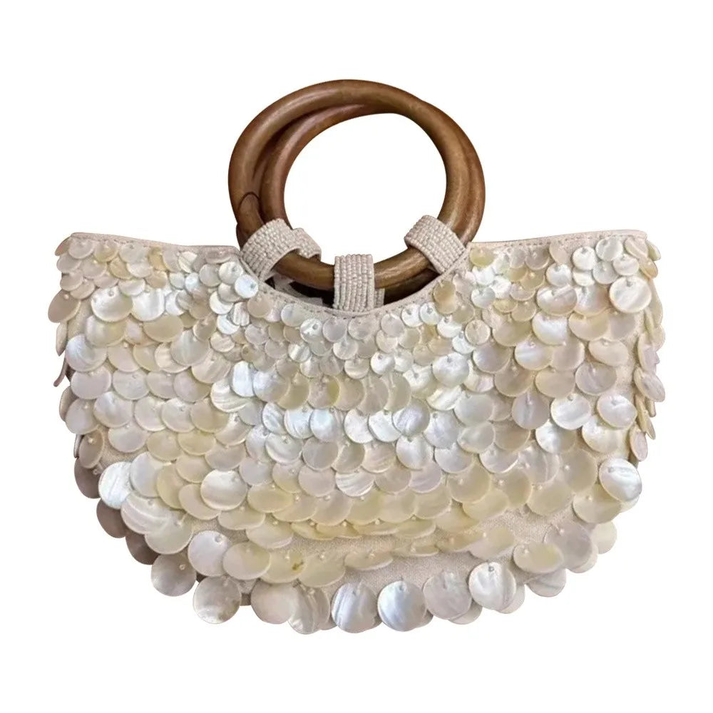 Sac à main féerique en perles fait main, grande capacité, orné de coquillages, pochette style sirène, format compact.
