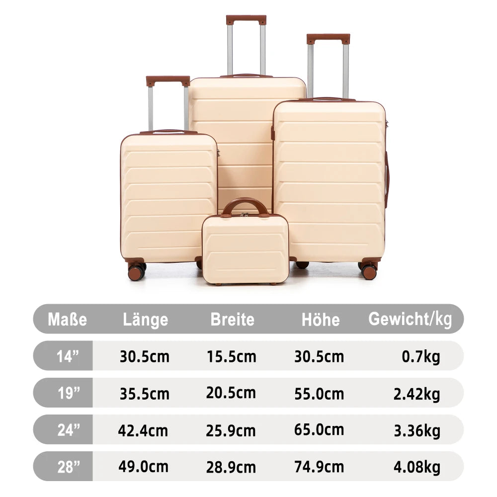 Ensemble de 4 valises rigides en ABS (tailles 14/19/24/28 pouces) avec roues multidirectionnelles à 360°, serrure à code intégrée, poignée télescopique et trousse de toilette ; modèles adaptés à la cabine et à la soute.