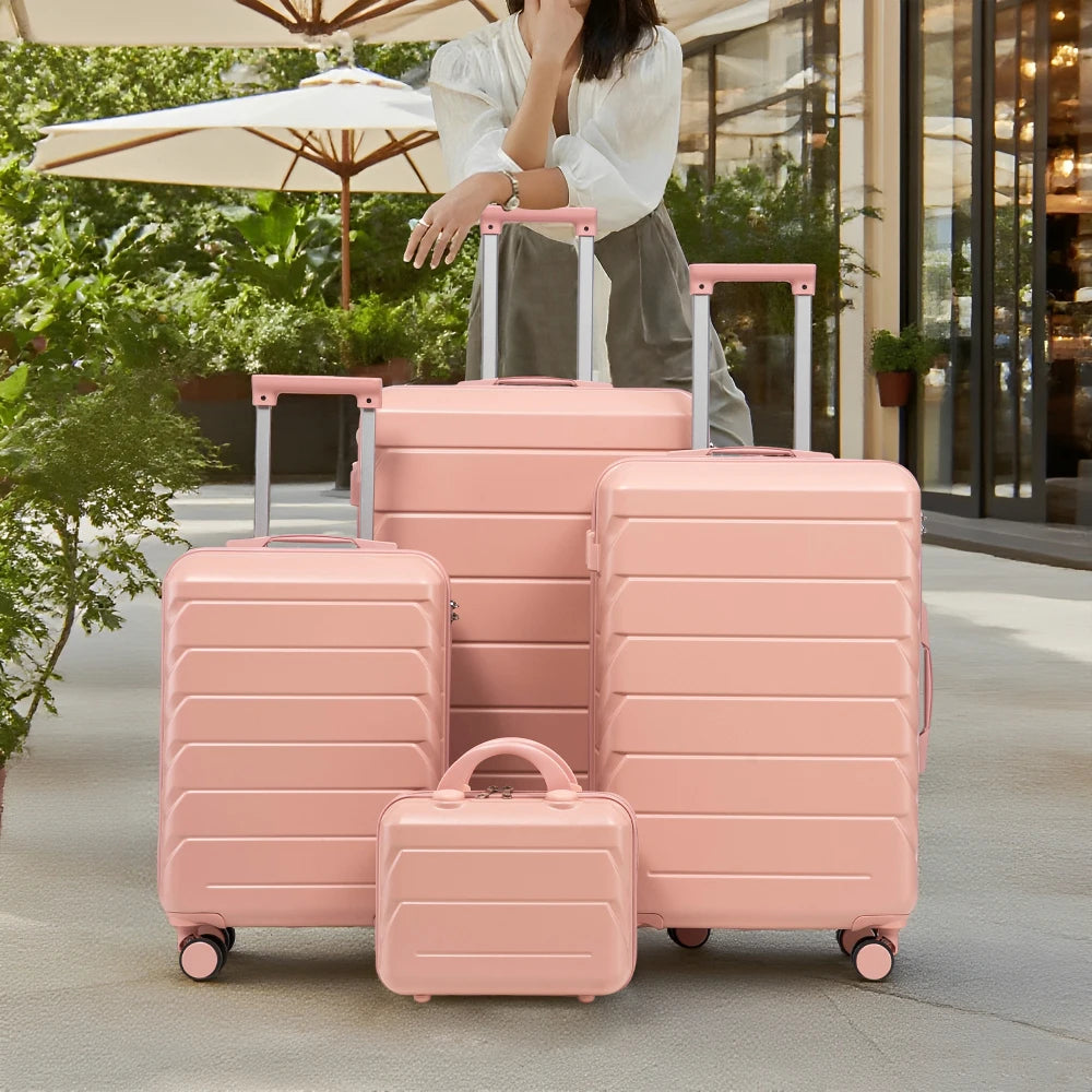 Ensemble de 4 valises rigides en ABS (tailles 14/19/24/28 pouces) avec roues multidirectionnelles à 360°, serrure à code intégrée, poignée télescopique et trousse de toilette ; modèles adaptés à la cabine et à la soute.