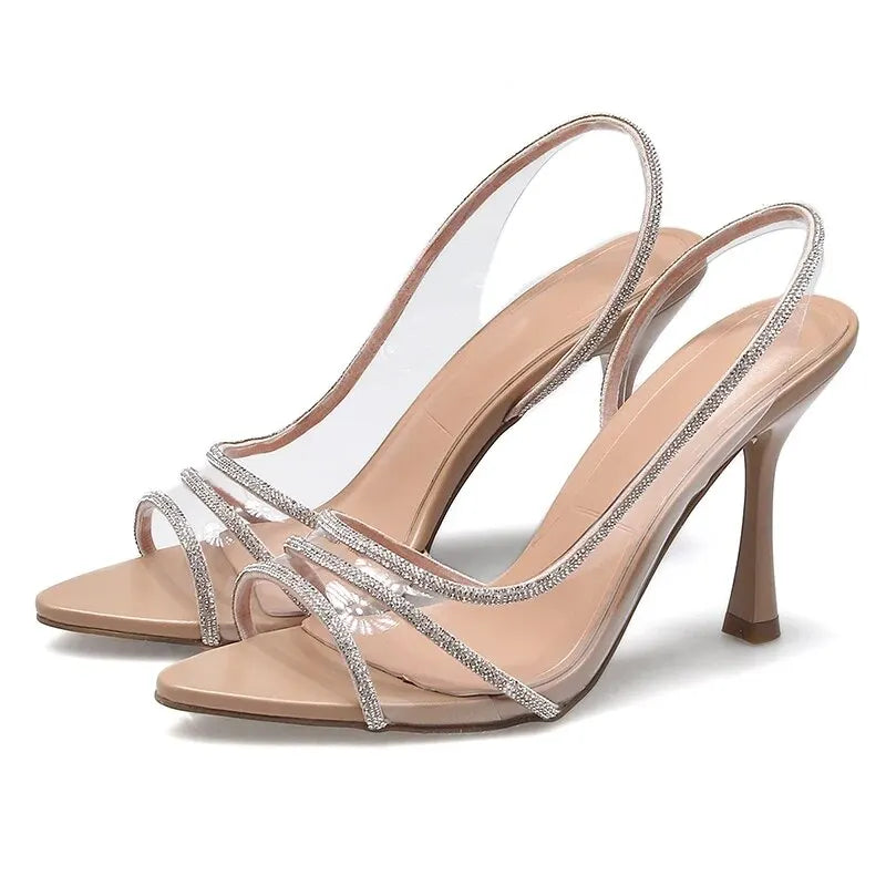 Escarpins d'été pour femme à bride arrière et strass – Sandales à talons transparents style « office lady » – Élégants talons hauts sexy à bout pointu