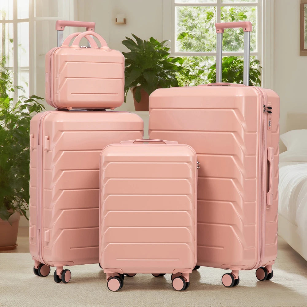 Ensemble de 4 valises rigides en ABS (tailles 14/19/24/28 pouces) avec roues multidirectionnelles à 360°, serrure à code intégrée, poignée télescopique et trousse de toilette ; modèles adaptés à la cabine et à la soute.