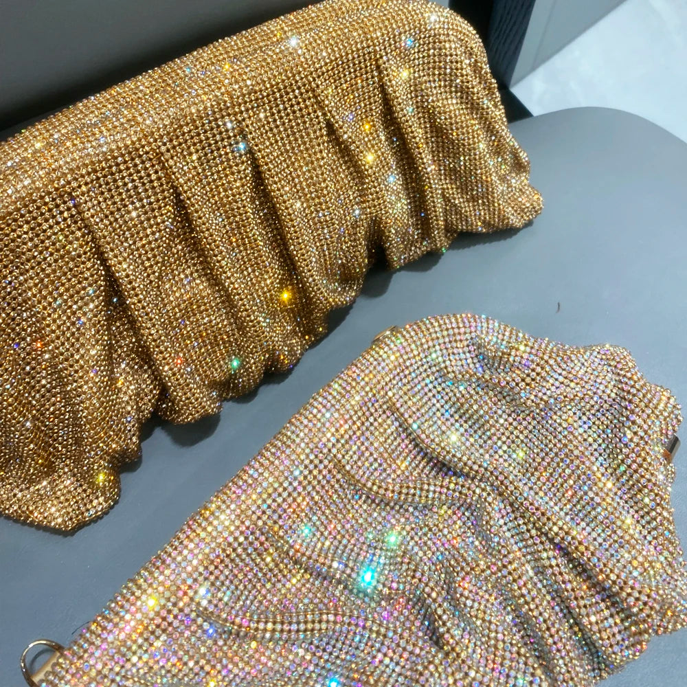 Pochette de soirée faite main ornée de strass brillants – Sac à main de luxe plissé pour mariage et soirée – Haute qualité
