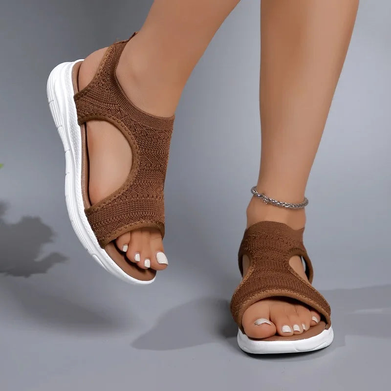 Sandales de sport décontractées et confortables pour femme – Été 2025 – Sandales compensées de plage et sandales romaines en maille tricotée