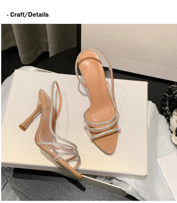 Escarpins d'été pour femme à bride arrière et strass – Sandales à talons transparents style « office lady » – Élégants talons hauts sexy à bout pointu