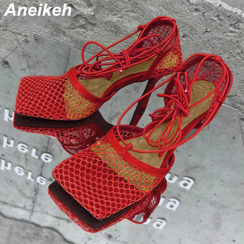 Aneikeh – Escarpins-sandales sexy en résille pour femme (été 2025) – Bout carré, talons aiguilles hauts, lacets croisés, style ajouré – Idéal pour soirées et occasions habillées