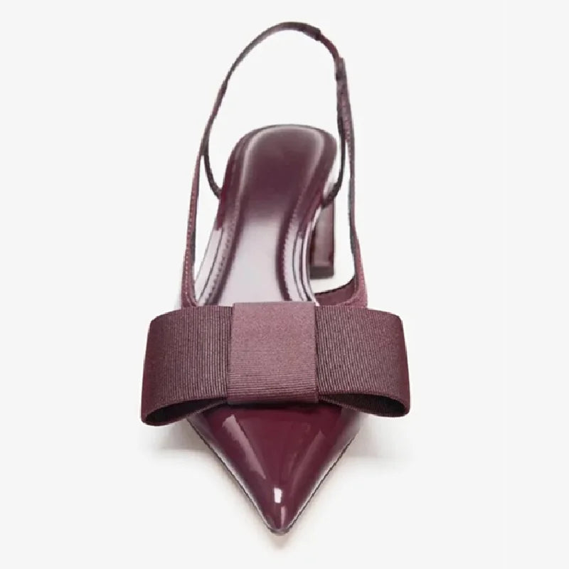 Escarpins sexy en cuir verni bordeaux à bout pointu pour femme – Chaussures de créateur élégantes et confortables avec bride arrière et nœud, idéales pour les soirées et banquets.