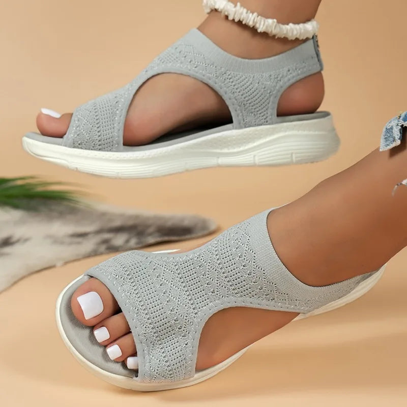 Sandales de sport décontractées et confortables pour femme – Été 2025 – Sandales compensées de plage et sandales romaines en maille tricotée