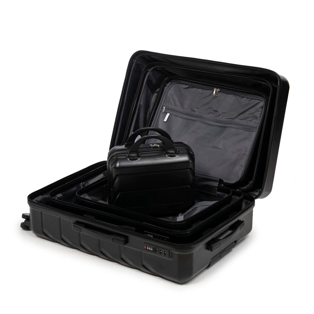 Ensemble de 4 valises rigides en ABS (tailles 14/19/24/28 pouces) avec roues multidirectionnelles à 360°, serrure à code intégrée, poignée télescopique et trousse de toilette ; modèles adaptés à la cabine et à la soute.