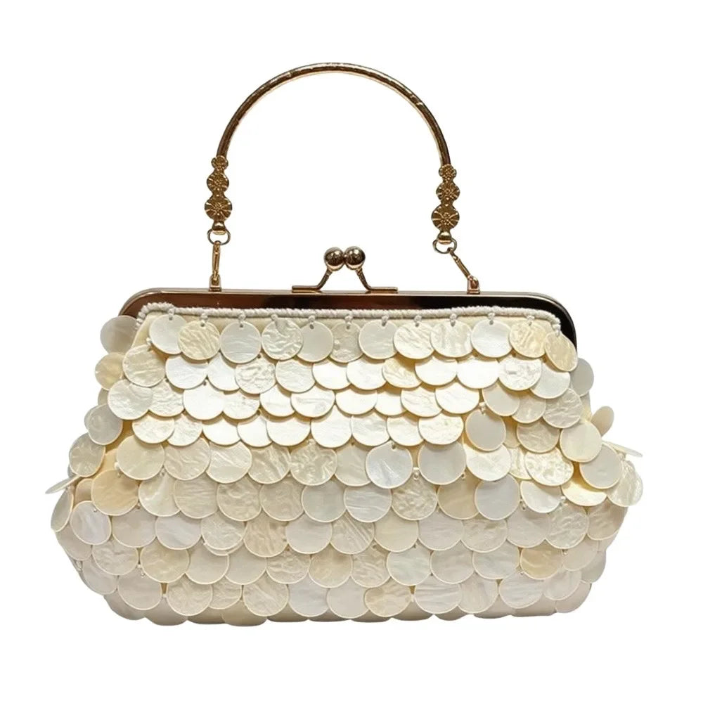 Sac à main féerique en perles fait main, grande capacité, orné de coquillages, pochette style sirène, format compact.