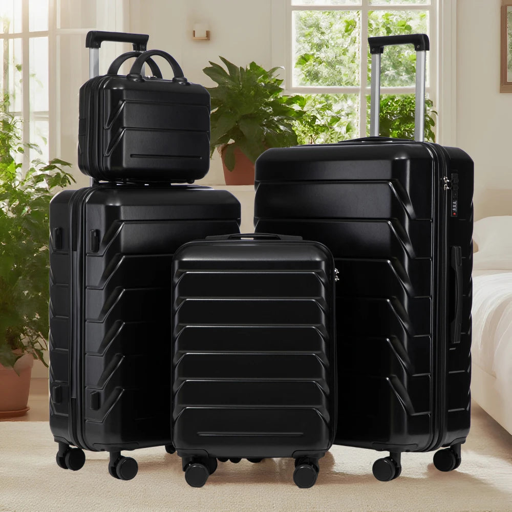 Ensemble de 4 valises rigides en ABS (tailles 14/19/24/28 pouces) avec roues multidirectionnelles à 360°, serrure à code intégrée, poignée télescopique et trousse de toilette ; modèles adaptés à la cabine et à la soute.