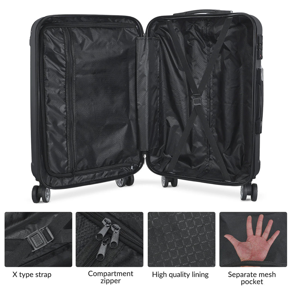 3-piece suitcase set 20-24- 28" Set ABS hard shell travel luggage set 4 wheels zipper telescopic pull rod M-L-XL set Black
