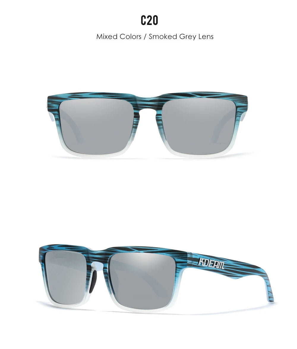 Nouvelles lunettes de soleil carrées pour hommes de la marque KDEAM – Haute qualité, style sportif, verres polarisés avec revêtement réfléchissant effet miroir.