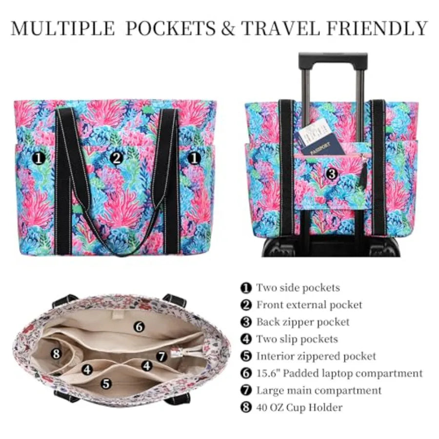 Tote Bag for Women with Laptop Compartment and Cup Holder, Nylon Bag for Work, Travel, Gym, Beach, Teacher, Nurse, School, Mom